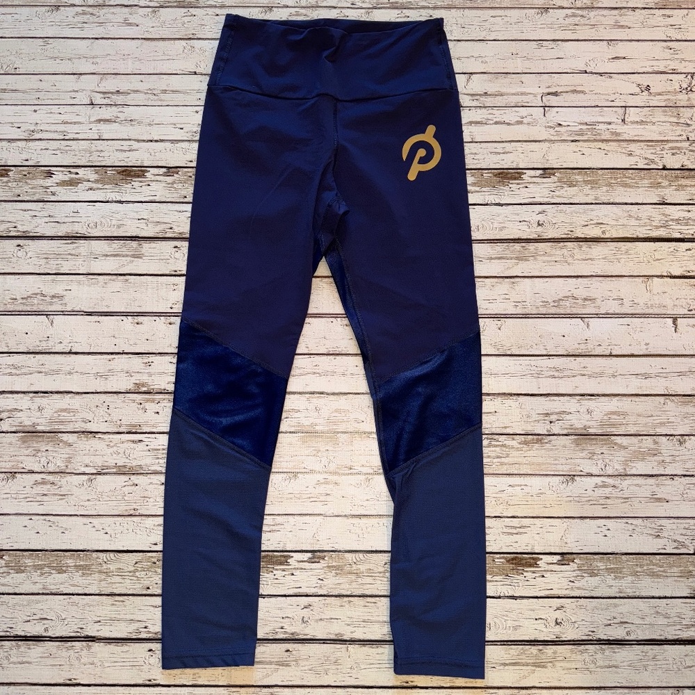 Peloton x‎ Pheel Trinity Leggings Size M Navy With Gold Peloton Logo, Mesh Panel